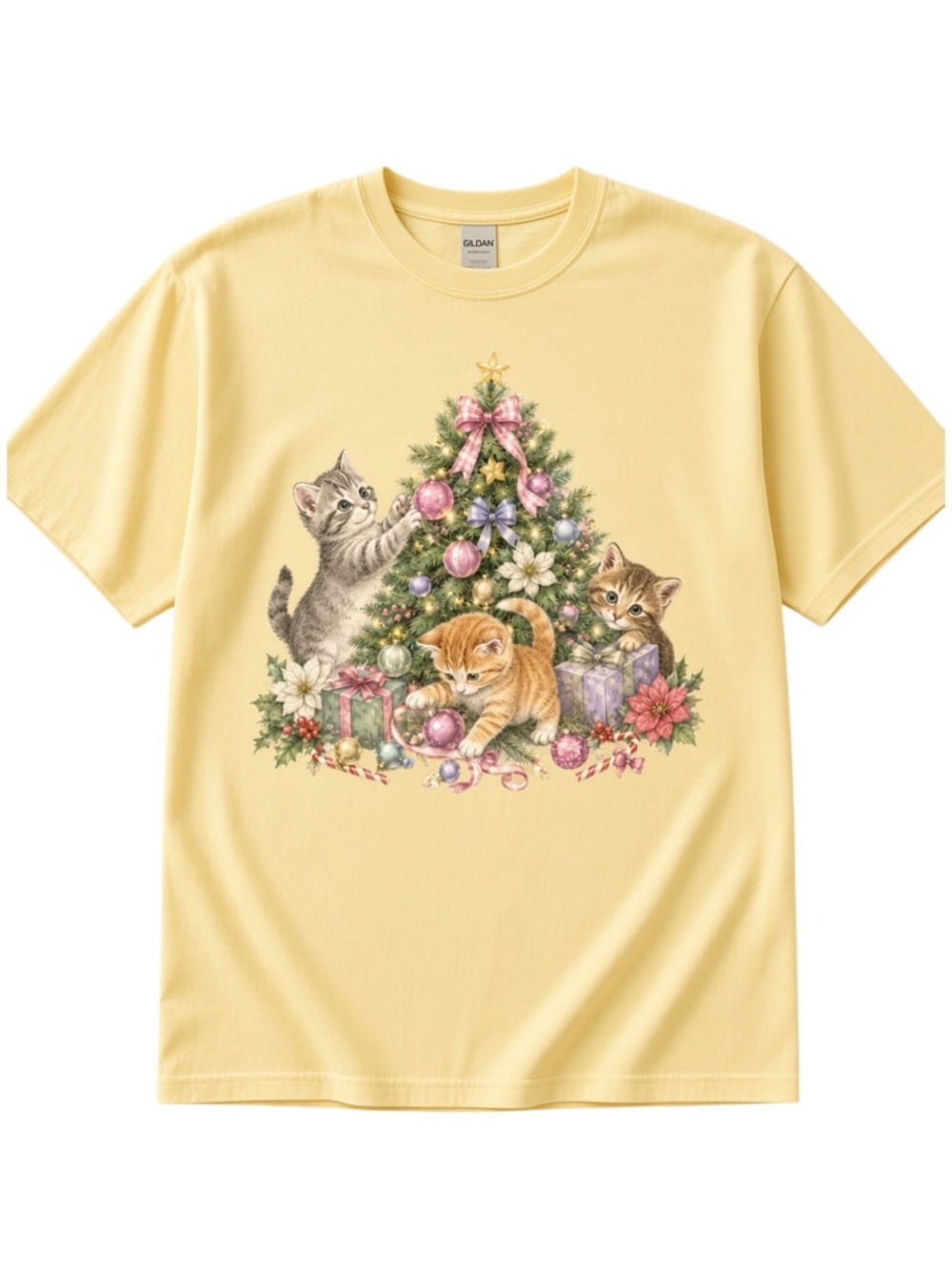Gildan Yellow Vintage Tree Kittens Xmas Graphic Tee